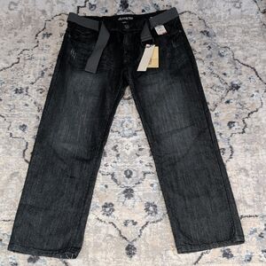 Jeanetix Black Straight Leg Jeans Mens 36 NWT Dark Wash Denim Belted Cotton Blen
